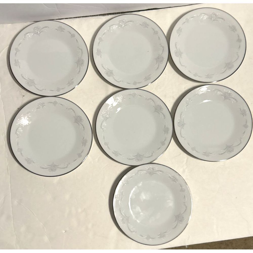 7 Noritake Casablanca 6842 6 3/8" Bread Plates Gray White Floral Sprays Platinum
